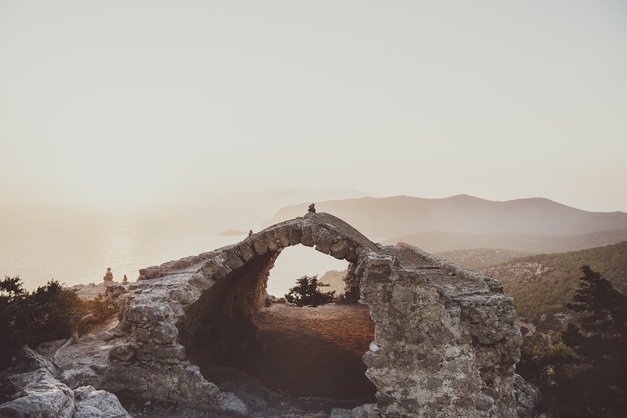 Ancient stones of Monolithos castle looking the sea in Rhodes